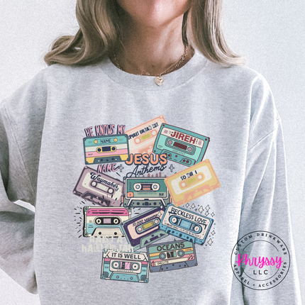 Ash Grey crewneck with a retro worship cassette tape collage design.