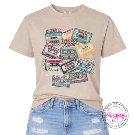 Sandstone soft cotton tee with a nostalgic Christian cassette mixtape design.