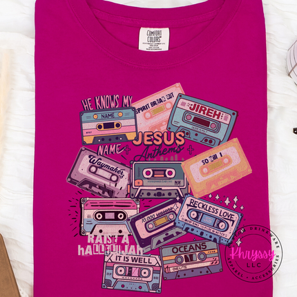 Berry Comfort Colors tee printed with retro worship anthem cassettes.