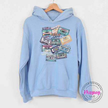 Light Blue hoodie with a retro worship cassette tape collage design.