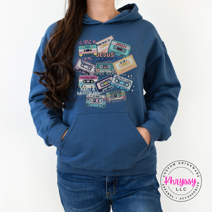 Indigo hoodie featuring faded worship song cassette artwork.