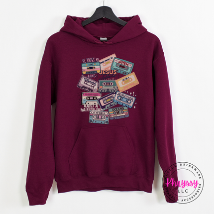 Maroon heavyweight hoodie printed with retro worship anthem cassettes.
