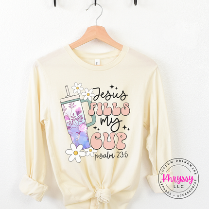 Natural long sleeve showing a retro Psalm 23 cup design.