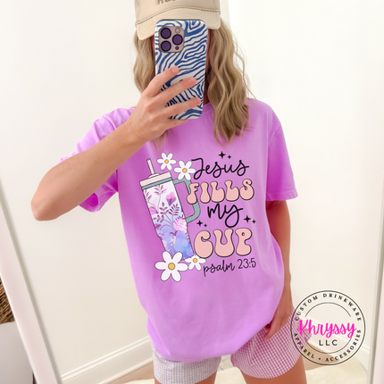 Neon Violet Comfort Colors tee showing a retro Psalm 23 cup design.