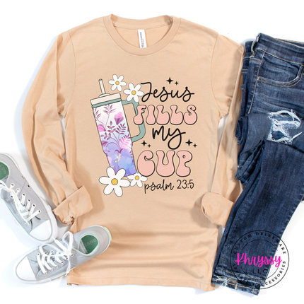 Sand Dune long sleeve featuring a floral tumbler and groovy faith lettering.