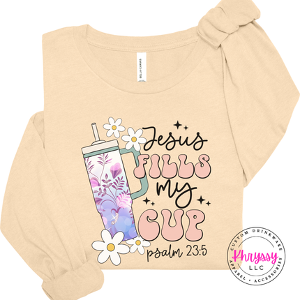Soft Cream long sleeve printed with a retro floral tumbler scripture graphic.