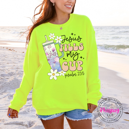 Safety Green heavyweight crewneck printed with a retro floral tumbler scripture graphic.