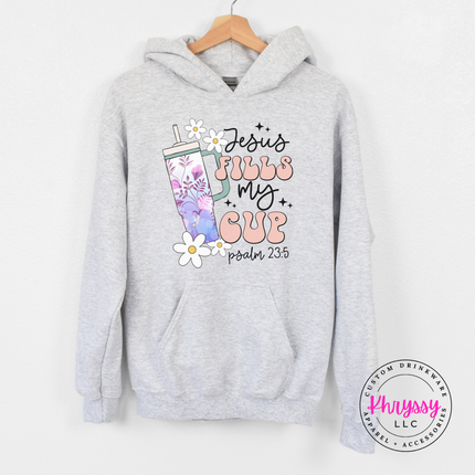 Ash Grey hoodie with a floral tumbler and Jesus Fills My Cup script.