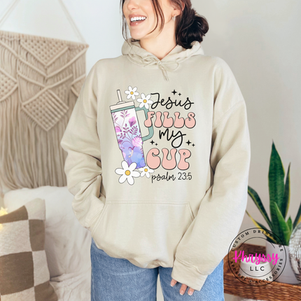 Sand hoodie showing a retro Psalm 23 cup design.