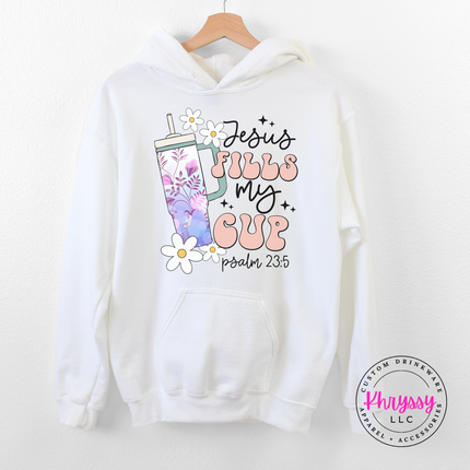 White heavyweight hoodie printed with a retro floral tumbler scripture graphic.