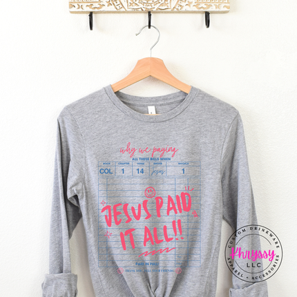 Sport grey Triblend long sleeve showing a bold faith receipt graphic.