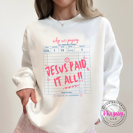 white crewneck printed with a bold faith receipt statement.
