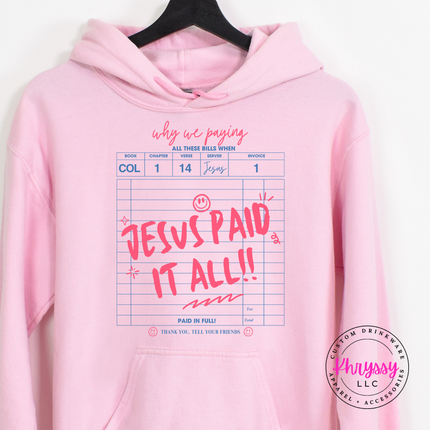 light pink hoodie featuring a neon receipt-style scripture graphic.