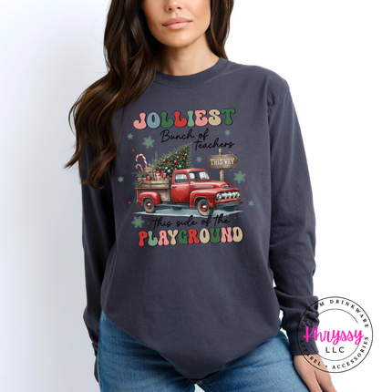Close up of the Jolliest Teachers truck art on a Graphite long sleeve tee.