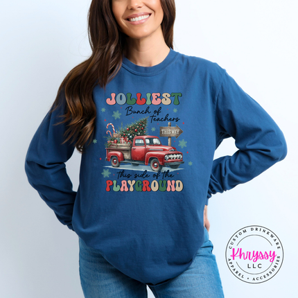 Model wearing the Jolliest Teachers truck long sleeve tee in Navy.