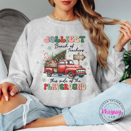 Ash crewneck sweatshirt featuring Jolliest Teachers lettering and a vintage truck.