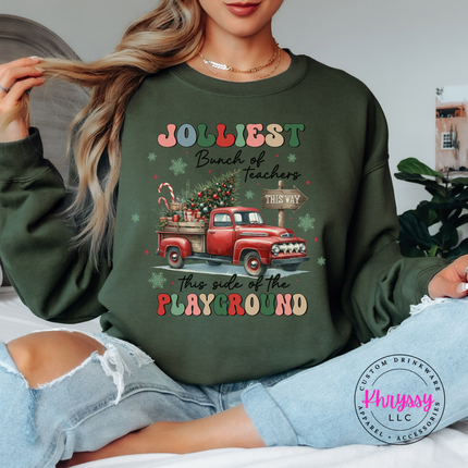 Military Green crewneck sweatshirt featuring Jolliest Teachers lettering and a vintage truck.
