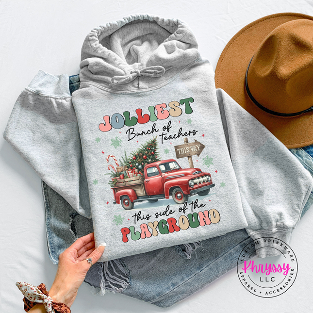 Ash hoodie featuring Jolliest Teachers lettering and a vintage truck.