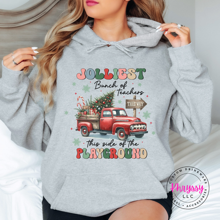 Sport Gray hoodie showing a retro truck with Jolliest Teachers lettering.