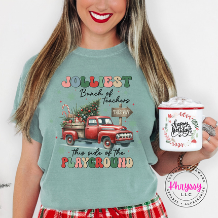 Bay tee featuring Jolliest Teachers lettering and a vintage truck.