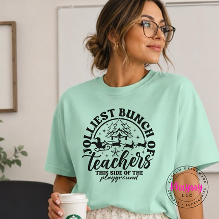Chalky Mint tee featuring Jolliest Bunch Of Teachers lettering and a sleigh