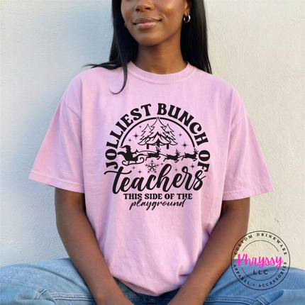 Blossom tee featuring Jolliest Bunch Of Teachers lettering and a sleigh