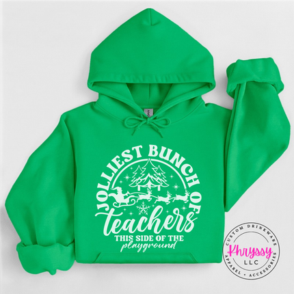 Close up of the Jolliest Teachers art on an Irish Green hoodie.