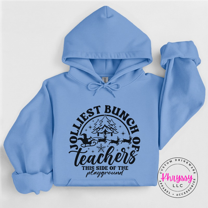 Model wearing the Jolliest Teachers hoodie in Carolina Blue.