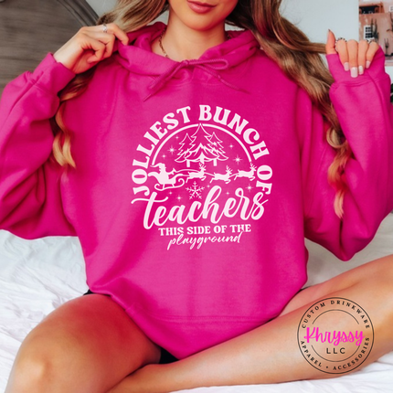 Heliconia hoodie featuring Jolliest Bunch Of Teachers lettering and a sleigh