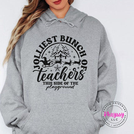 Sport Gray hoodie showing teacher lettering arched around a sleigh.