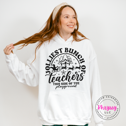 Flat lay of the Jolliest Teachers Christmas hoodie in White.