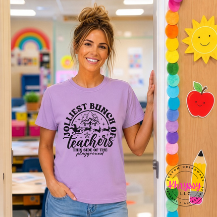 Orchid tee featuring Jolliest Bunch Of Teachers lettering and a sleigh