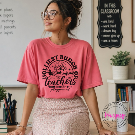 Watermelon tee featuring Jolliest Bunch Of Teachers lettering and a sleigh