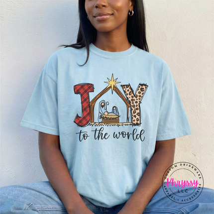 Close up of the Joy To The World art on a Chambray tee.