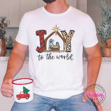 Flat lay of the Joy To The World Christmas tee in White.