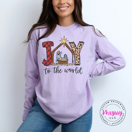 Model wearing the Joy To The World long sleeve tee in Orchid.