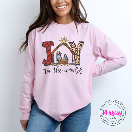 Blossom long sleeve tee featuring a plaid and leopard Joy nativity design.