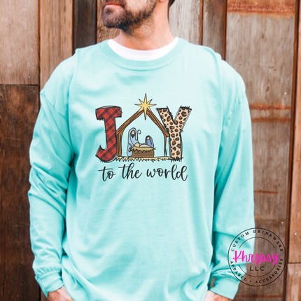 Model wearing the Joy To The World long sleeve tee in Chalky Mint.