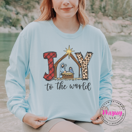 Close up of the Joy To The World art on a Chambray long sleeve tee.