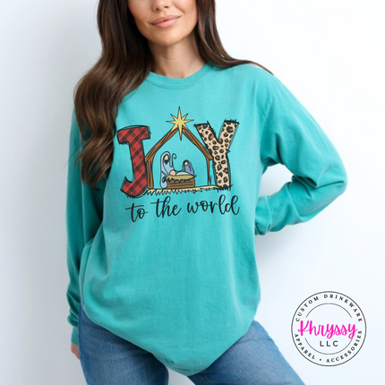 Close up of the Joy To The World art on a Seafoam long sleeve tee.