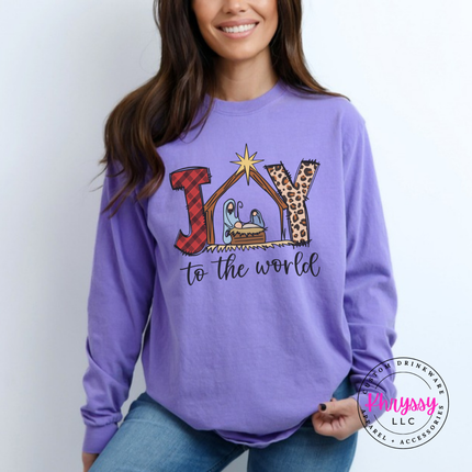 Violet long sleeve tee featuring a plaid and leopard Joy nativity design.
