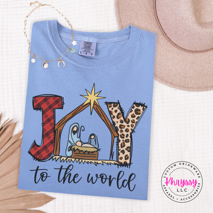 Washed Denim long sleeve tee showing Joy To The World with a nativity stable.