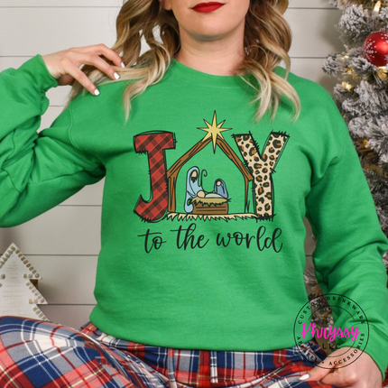 Close up of the Joy To The World art on an Irish Green crewneck sweatshirt.