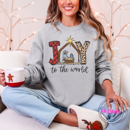 Close up of the Joy To The World art on a Sport Gray crewneck sweatshirt.