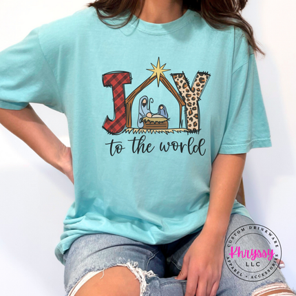Model wearing the Joy To The World tee in Chalky Mint.