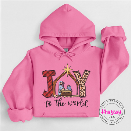 Model wearing the Joy To The World hoodie in Azalea.