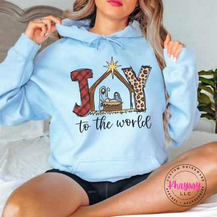 Light Blue hoodie showing Joy To The World with a nativity stable.