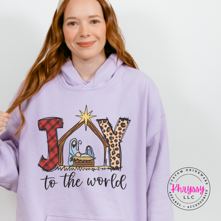 Model wearing the Joy To The World hoodie in Orchid.