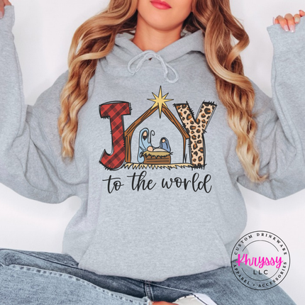Close up of the Joy To The World art on a Sport Gray hoodie.