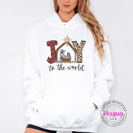Flat lay of the Joy To The World Christmas hoodie in White.